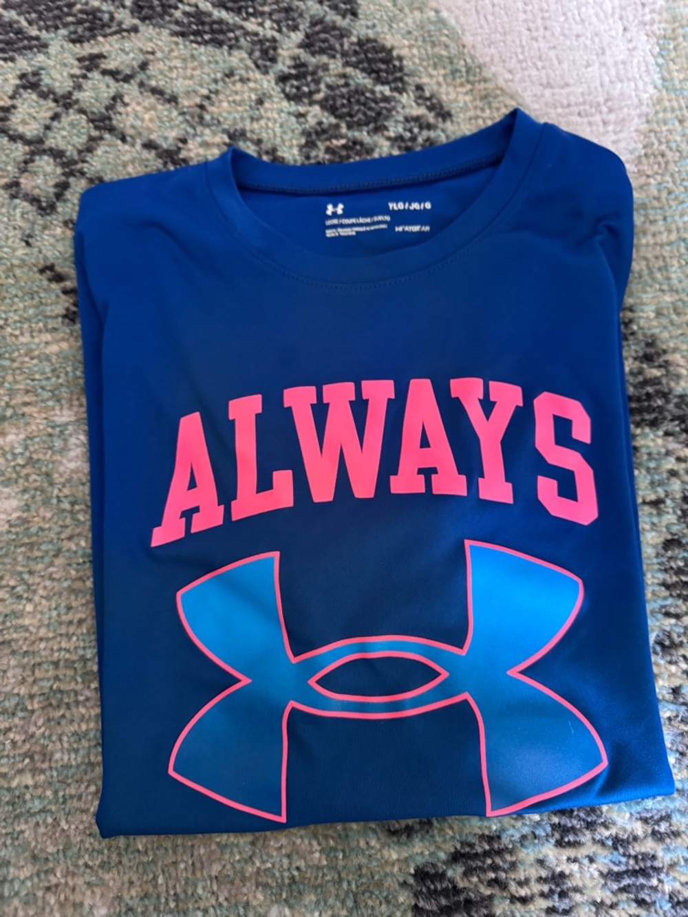 Under Armour Girls Blue Tee with Pink 'ALWAYS' Graphic
